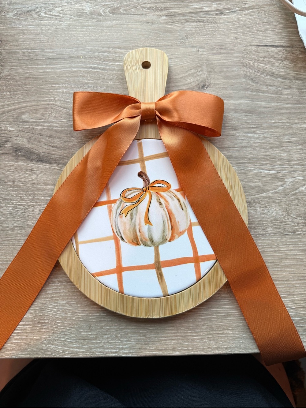 Fall Pumpkin Bamboo Cutting Board Decor with Orange Ribbon